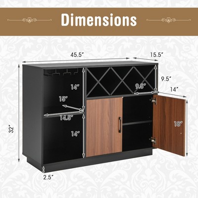 Industrial Black and Brown Wine Bar Cabinet with Glass Holder and Adjustable Shelf
