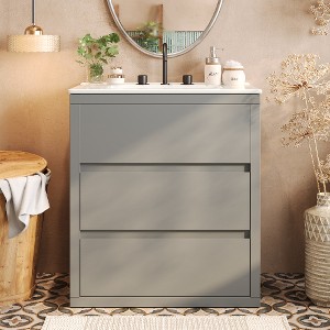 Lyngins Modern 30" Freestanding Vanity Cabinets, Natural Wood Grain Bathroom Vanity with Ceramic Sink & 2 Full-Extension Drawers - 1 of 4