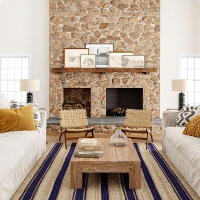 Royal Blue and Natural Jute Striped 6' x 9' Handmade Rug