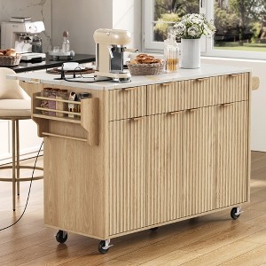 Bella Depot Fluted 55.5" Kitchen Island with Drop Leaf, Power Outlet, 4 Doors and 3 Drawers, Rolling Island Table with Curved Edge - 1 of 4