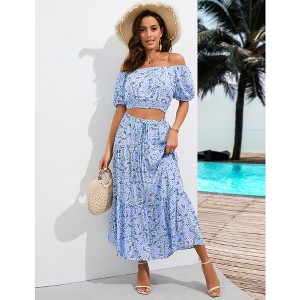 Women's Summer Floral Printed 2 Piece Outfit Off Shoulder Crop Top and Boho Tropical Long Skirt Set - 1 of 4