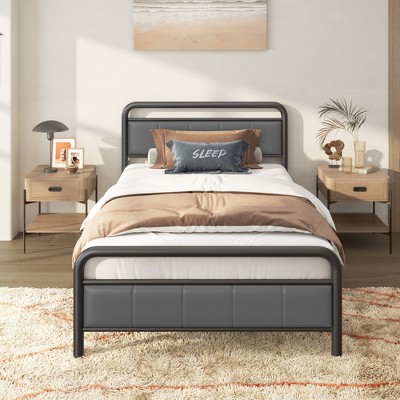 CSBDHOME Bed Frame with Upholstered Headboard And Metal Slats Support