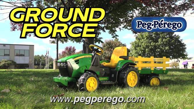 Peg Perego 12V John Deere Ground Force Tractor with Trailer Powered Ride-On - Green, 2 of 12, play video