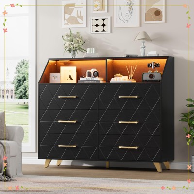 Bedroom Dresser with LED Lights & Charging Station, Wood 6 Drawer Dresser for Bedroom
