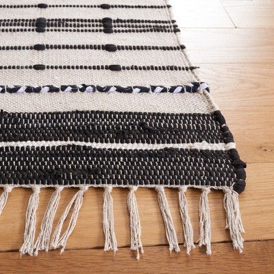 Boho-Chic Black and Beige Striped Kilim 6' Square Wool Rug