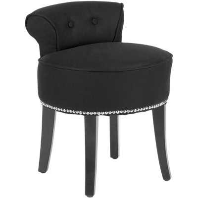 Petite Black Linen Birchwood Vanity Stool with Silver Nailhead Trim