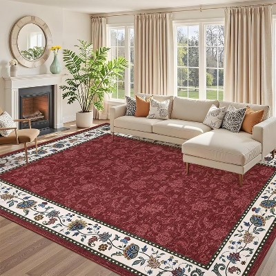 Washable Floral Kitchen Rug, Non-Slip, Low Pile Geometric Bordered Mat for Hallway, Bathroom, Entryway, Soft Non-Shed