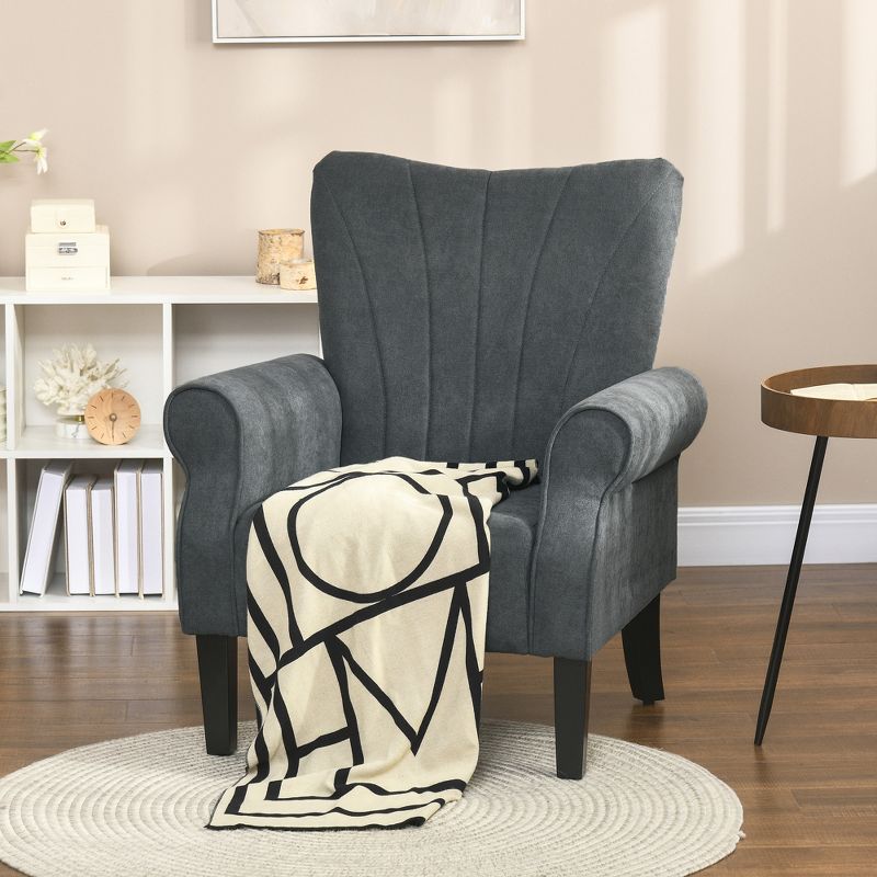 HOMCOM Fabric Accent Chair, Modern Armchair with Wood Legs, Rolled Arms, Soft & Padded for Living Room, Dark Gray, 3 of 7