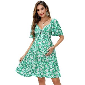 Maternity Front Knotted Knee Length Wrap Dress for Baby Shower - 1 of 1