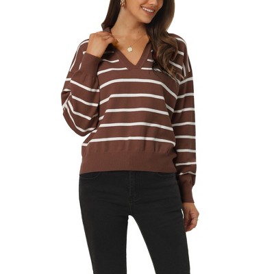 Seta T Women's Fall Casual Striped Long Sleeve Polo V Neck