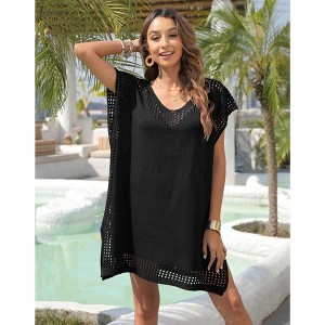 Coolmee Womens Crochet Swim Cover Up Summer V Neck Bathing Suit Beach Cover Up Swimwear Knit Beach Dress - 1 of 4