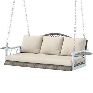 3 Person Wicker Hanging Outdoor Patio Porch Swing Bench with Cup Holders, Cushions, and Chains - 1 of 4