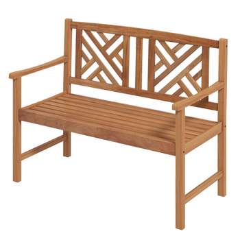 Tangkula 2-Person Acacia Wood Bench Outdoor Slats Loveseat Chair with Armrest 800lbs Load Capacity Comfortable Patio Chair
