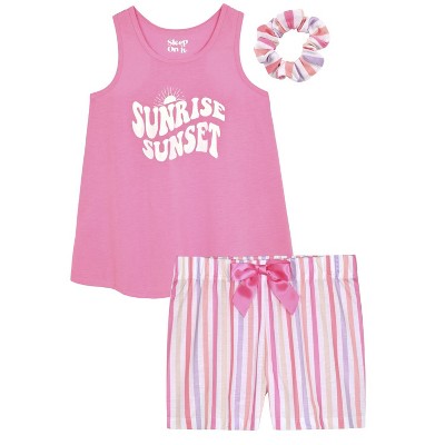 Sleep On It Girls 2-Piece Sleeveless Tank-Top Jersey Pajama Shorts Set with Matching Hair Scrunchie