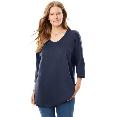 Woman Within Plus Size Perfect Three-Quarter Sleeve V-Neck Tee
