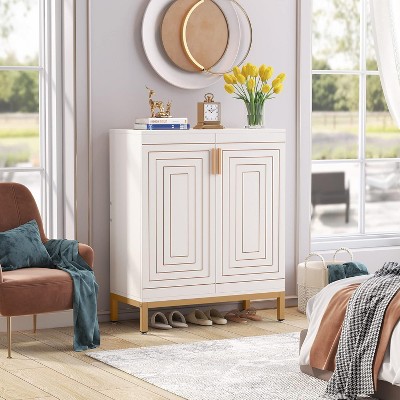 White and Gold 5-Tier Modern Shoe Cabinet with Geometric Doors