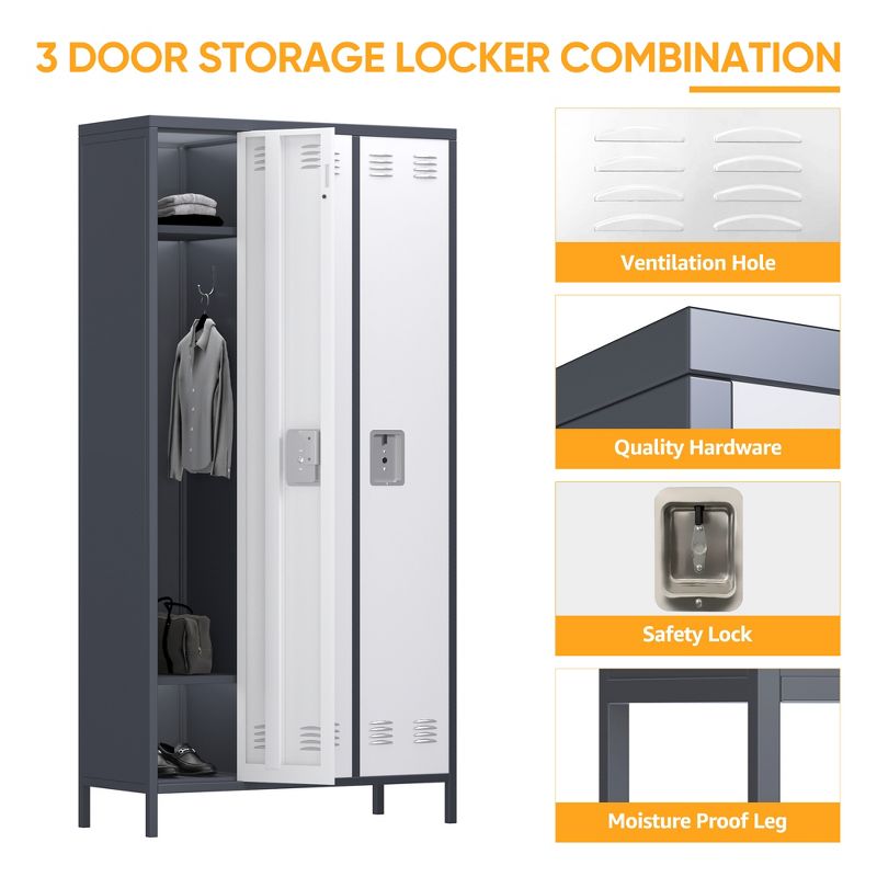 AOBABO 3 Door Steel Storage Cabinet Metal Industrial Locker with 2 Shelves for Employees, School, Office, Gym, or Bedroom, Gray, 4 of 8