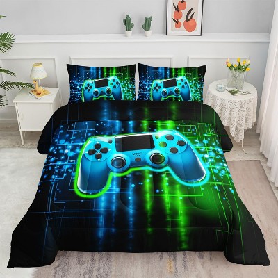 Boersma Green Gamepad Comforter Set 3D Gamepad Printed Bedding Set with 1 Comforter and 2 Pillowcases for Boys and Girls Bedroom All Season