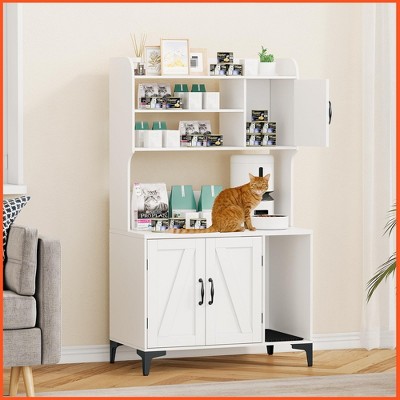 Homhougo Large Cat Litter Box Enclosure Furniture with 3 Open Shelves and Storage Cabinet, Farmhouse Cat House Washroom