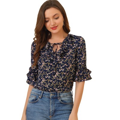 Allegra K Women's Ruffled Neck Floral Tie Neck Ruffle Sleeve Top