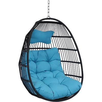Sunnydaze Outdoor Resin Wicker Patio Julia Hanging Basket Egg Chair Swing with Cushions and Headrest - Blue - 2pc