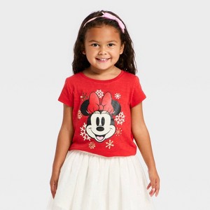 Toddler Girls' Minnie Mouse Holiday Short Sleeve Graphic T-Shirt - Red - 1 of 4