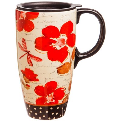 Evergreen Floral Symphony Ceramic Latte Travel Cup w/Gift Box , 17 oz.