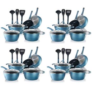 NutriChef NCCW11BD 44 Piece Nonstick Ceramic Coating Diamond Pattern Kitchen Cookware Pots and Pan Set with Lids and Utensils, Royal Blue