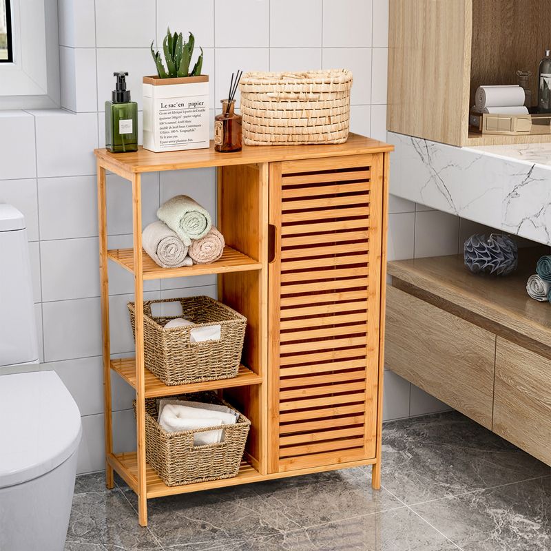 Tangkula Bathroom Storage Cabinet Bamboo Floor Cabinet Free Standing Organizer with Single Door & 3 Open Shelves, 2 of 11