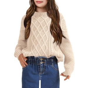 Girls Long Sleeve Cable Knit Sweater Crewneck Pullover Sweaters Kids Chunky Cute Fall Jumper Tops - 1 of 3