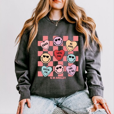 Simply Sage Market S.W.Smiley Candy Heart Smile Solid Lightweight Garment Dyed Sweatshirt - 2XL - Pepper