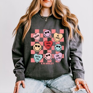 Simply Sage Market Women's Lightweight Garment Dyed Graphic Sweatshirt Candy Heart Smile Solid - 1 of 4