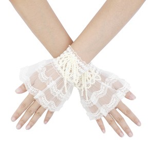 INSPIRE CHIC Women's Lace Fingerless Wrist Length Wedding Elegant White Ruffled Floral Gloves 1 Pair - 1 of 4