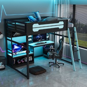 Full Size Loft Bed with Desk & Shelves, Wood Loft Bed Frame with LED Lights, USB Ports & Pegboard - ModernLuxe - 1 of 4