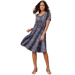 Roaman's Ultrasmooth Plus Size V-Neck Swing Dress – Soft Knit, Flattering Fit - 1 of 4