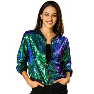INSPIRE CHIC Women's Party Sequin Sparkle Long Sleeve Cropped Length Zipper Bomber Jacket - 1 of 4
