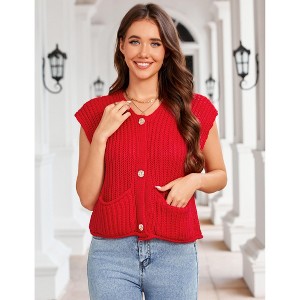 Women's Summer Sweaters Vest  Sleeveless Button Down Cropped Pockets Chunky Knit Cardigan Trendy Tank Tops - 1 of 4