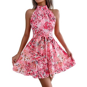 Halter Summer Dress for Women Sleeveless Dress Keyhole Back Floral Sundress with Front Tie Waist Flounce Hem Summer Mini Dress - 1 of 4