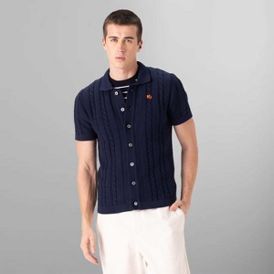 Members Only Men's Cable Knit Vintage Short Sleeve Polo Cardigan Sweater - 1 of 4