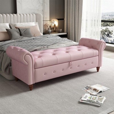 63" End of Bed Button Tufted Velvet Ottoman Bed Bench,Rolled Armed Ottoman Couch Long Bench,Dining Bench with Wood Legs for Entryway-Maison Boucle