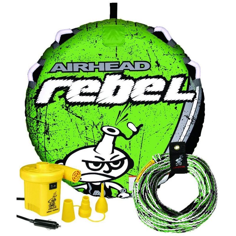 Airhead AHRE-12 54" Rebel Single Rider Lake Boat Towable Tube with 16 Strand Rope, 4 Handles, 12V Pump Kit, 1 of 6