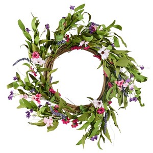 VEVOR Artificial Decorative Wreath, 22 in, Decorated with Daisies, Babysbreath, Buds, Year Round Wreath, Pink&Green - 1 of 4