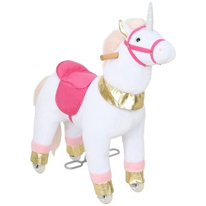 Qaba Ride on Unicorn Toy for Kids 3-5 Years, 29.5 Inch Plush Baby Rocking Horse, Mechanical Walking Animal with Wheels, No Batteries Required, White - 1 of 4