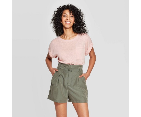 Women's Regular Fit Short Sleeve Crewneck Linen Cuff T-Shirt - A New Day&#153; Pink XS