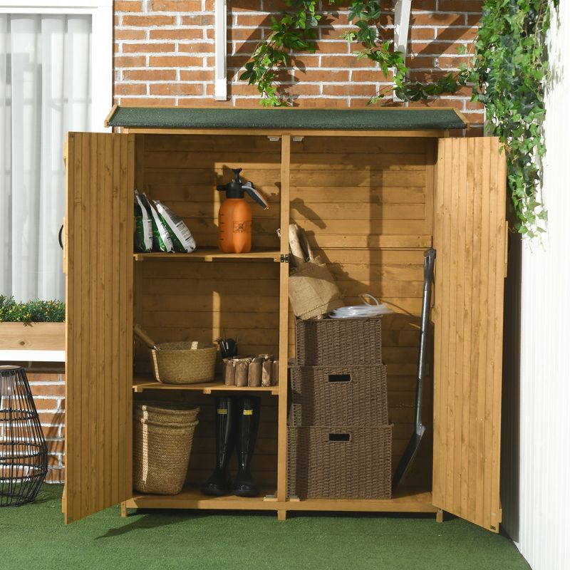 Outsunny Outdoor Storage Cabinet Wooden Garden Shed Utility Tool Organizer with Waterproof Asphalt Rood, Lockable Doors, 3 Tier Shelves for Lawn, Backyard, 2 of 7