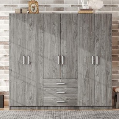 Wooden 6-Door Armoire Closet with 3 Drawers, Wardrobe with Shelves for Hanging Clothes and Storage – Maison Boucle