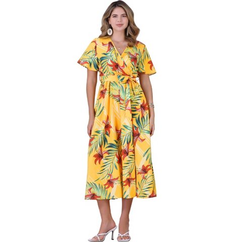 Женские платья INSPIRE CHIC Women's Floral V Neck Split Hem Short Sleeve Maxi Tropical Dress Yellow Large