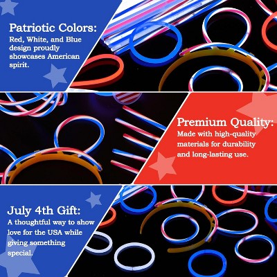 Joyfy 120 Pcs Patriotic Glow Sticks Bulk, 8" Red White Blue Striped Light-Up Sticks, Glow Party Favors for Independence Day Celebrations Supplies