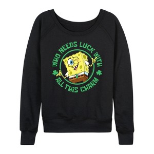 Women's - SpongeBob Squarepants - Who Needs Luck With This Charm Lightweight French Terry Wide Neck Long Sleeve Shirt - 1 of 4