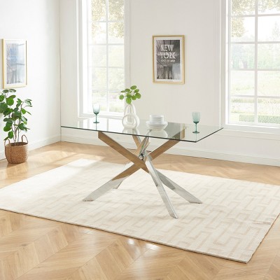 Probe Hues 58.4 Inch Dinning Table with Glass Top and Steel Legs